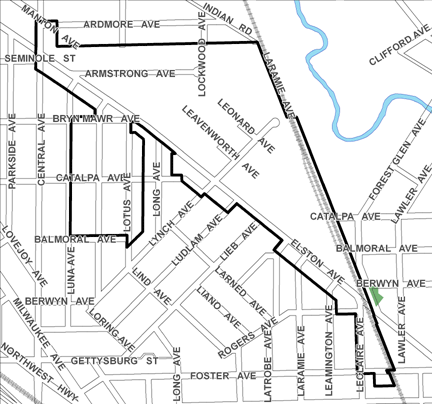 Elston/Armstrong TIF district, roughly bounded on the north by Ardmore Avenue, Foster Avenue on the south, Laramie Avenue and the Chicago, Milwaukee, St. Paul & Pacific Railroad (a/k/a, Soo Line Railroad) tracks on the east, and Central Avenue on the west.